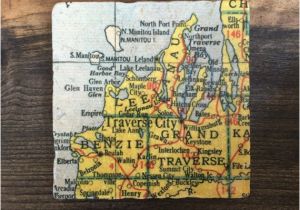 Map Of Michigan Traverse City Traverse City Michigan Map Coaster with Cork Backing Leelanau Etsy