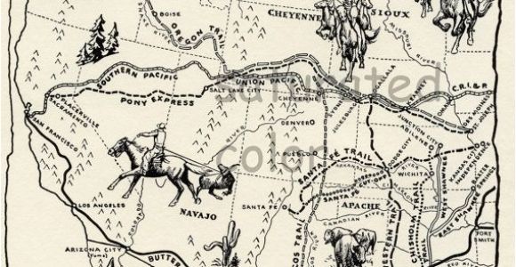 Map Of oregon Trail 1850 Vintage Cowboy Country Map Digital Image Download 1950s Map Of