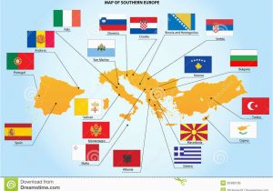 Map Of southern Europe and the Balkans Flags and Map Of southern Europe Countries Stock Vector