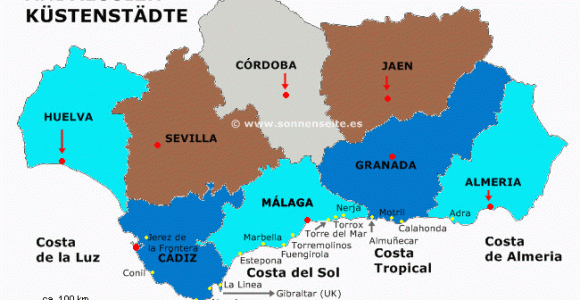 Spain Costa Del sol Map Die Regionen Provinzen andalusien Karte Sudspanien