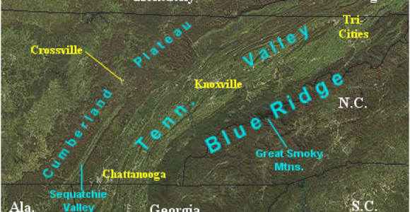 Tennessee Mountain Ranges Map Landform Map Of Tennessee Major Landforms Of East Tennessee